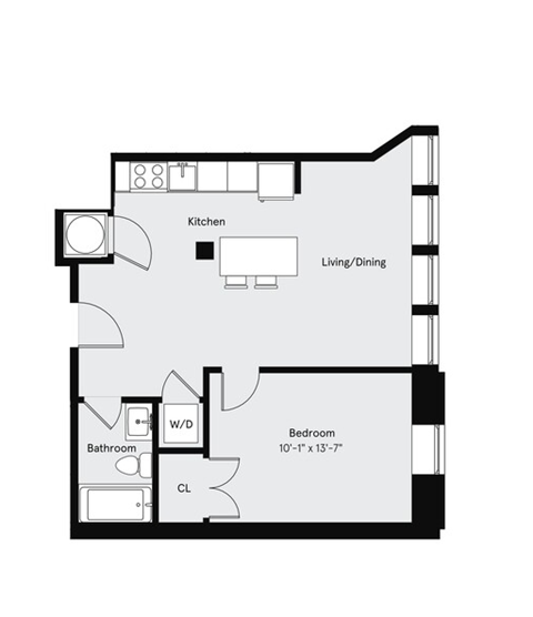 Floor plan for 1 bed, 1 bath, 702 sqft